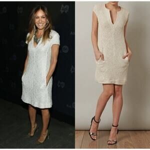 L'Agence Tweed‎ Knit Cap Sleeve Ivory Metallic Shimmer Sheath Dress